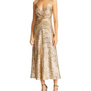 Halston Gold Sequin Midi Dress